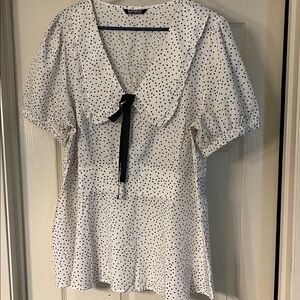 BloomChic Ivory Dotted Blouse with Black Ribbon